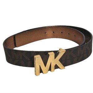 Michael Kors Gold MK Buckle Dark Brown Monogram Letters Belt 41" Approx Unisex